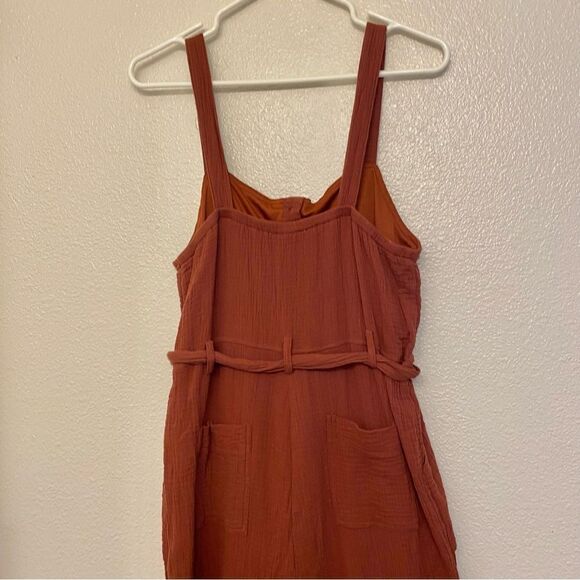 Orange Lagenlook cotton gauze muslin wide leg jumpsuit beltvbutton pocket L - Picture 4 of 13